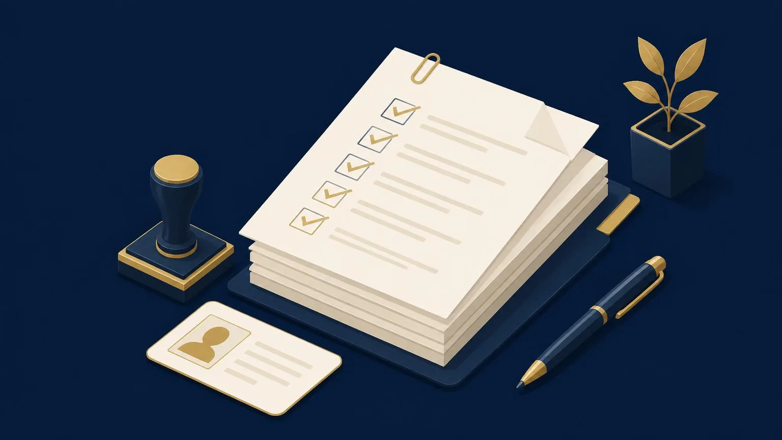 Ilustrație cu un dosar de documente bifate, o ștampilă, un act de identitate și un stilou