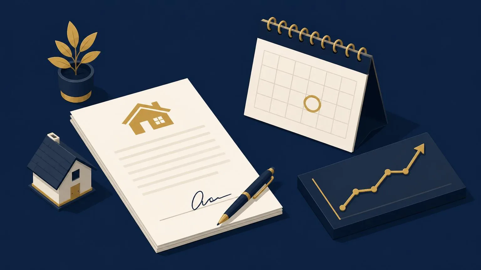 Ilustrație cu un contract de credit semnat, un calendar cu o zi marcată și un grafic ascendent al ratei