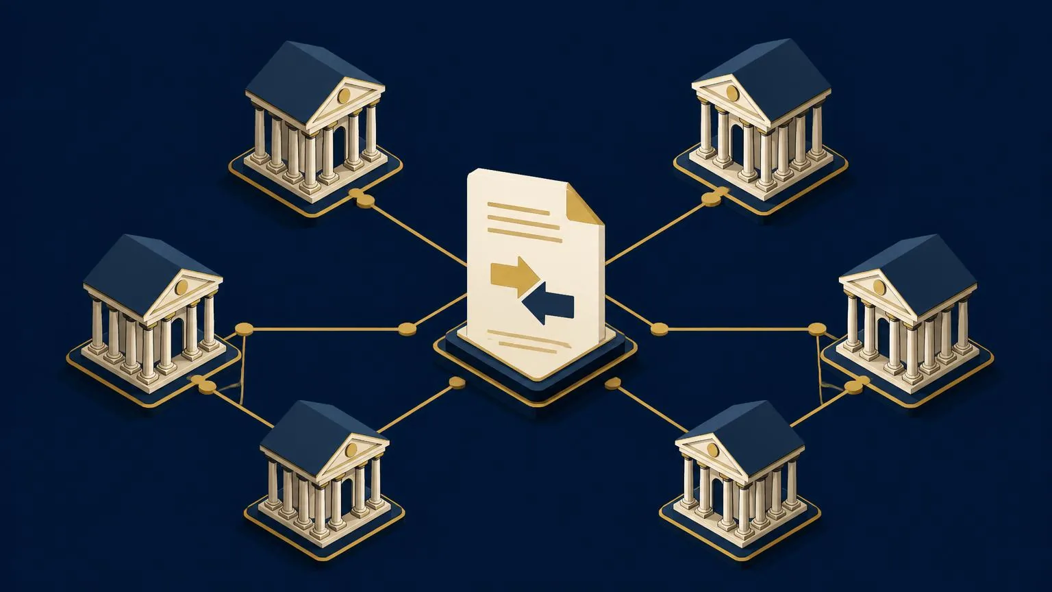 Ilustrație cu mai multe clădiri de bancă legate prin linii la un dosar central de credit