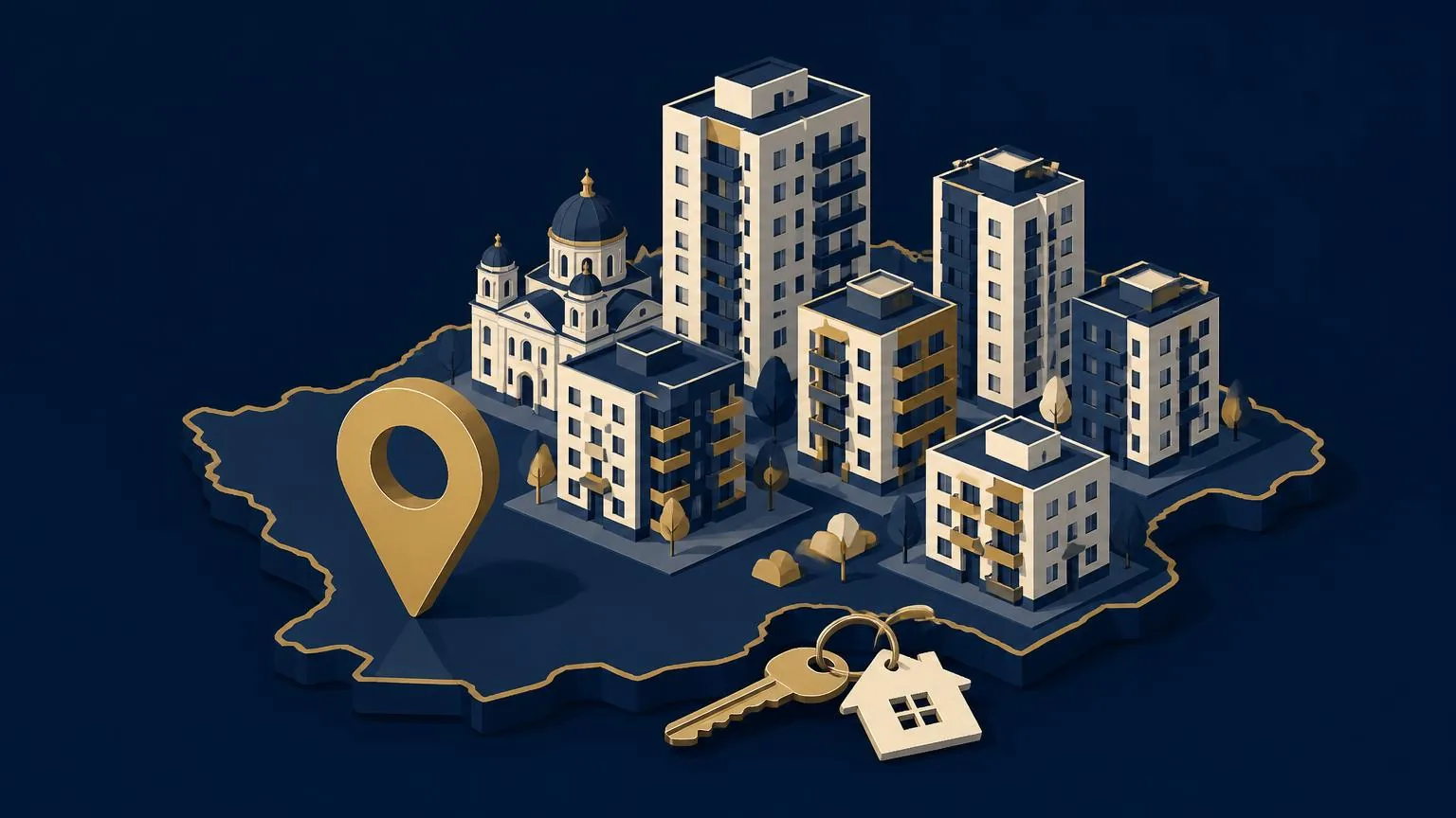 Ilustrație cu blocuri de locuințe pe conturul hărții României, un indicator de locație și o cheie de casă