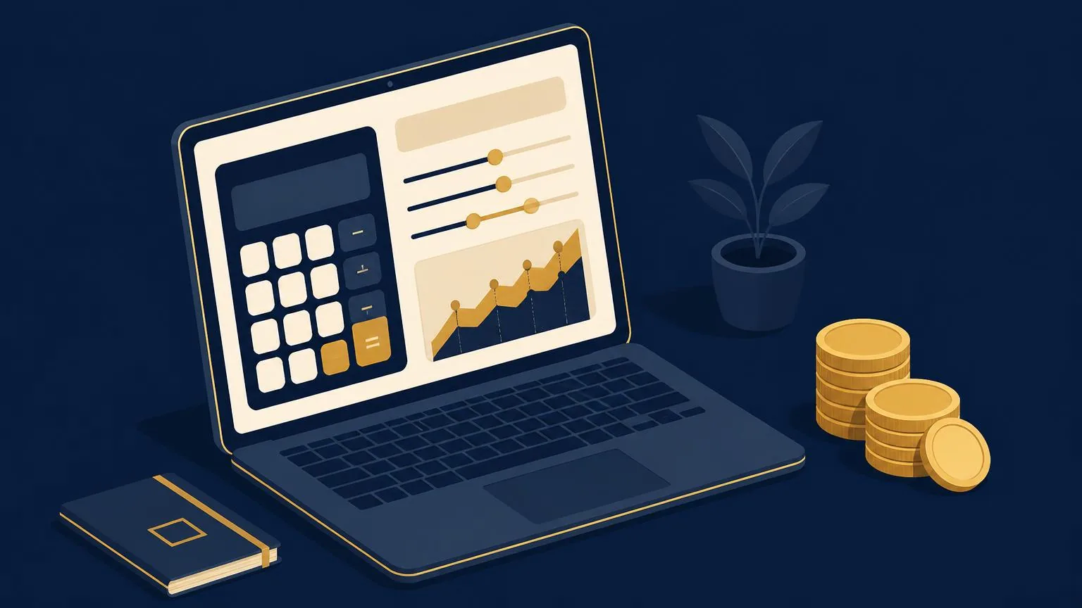 Ilustrație cu un laptop care afișează un calculator de credit cu cursoare și un grafic, lângă un fișic de monede