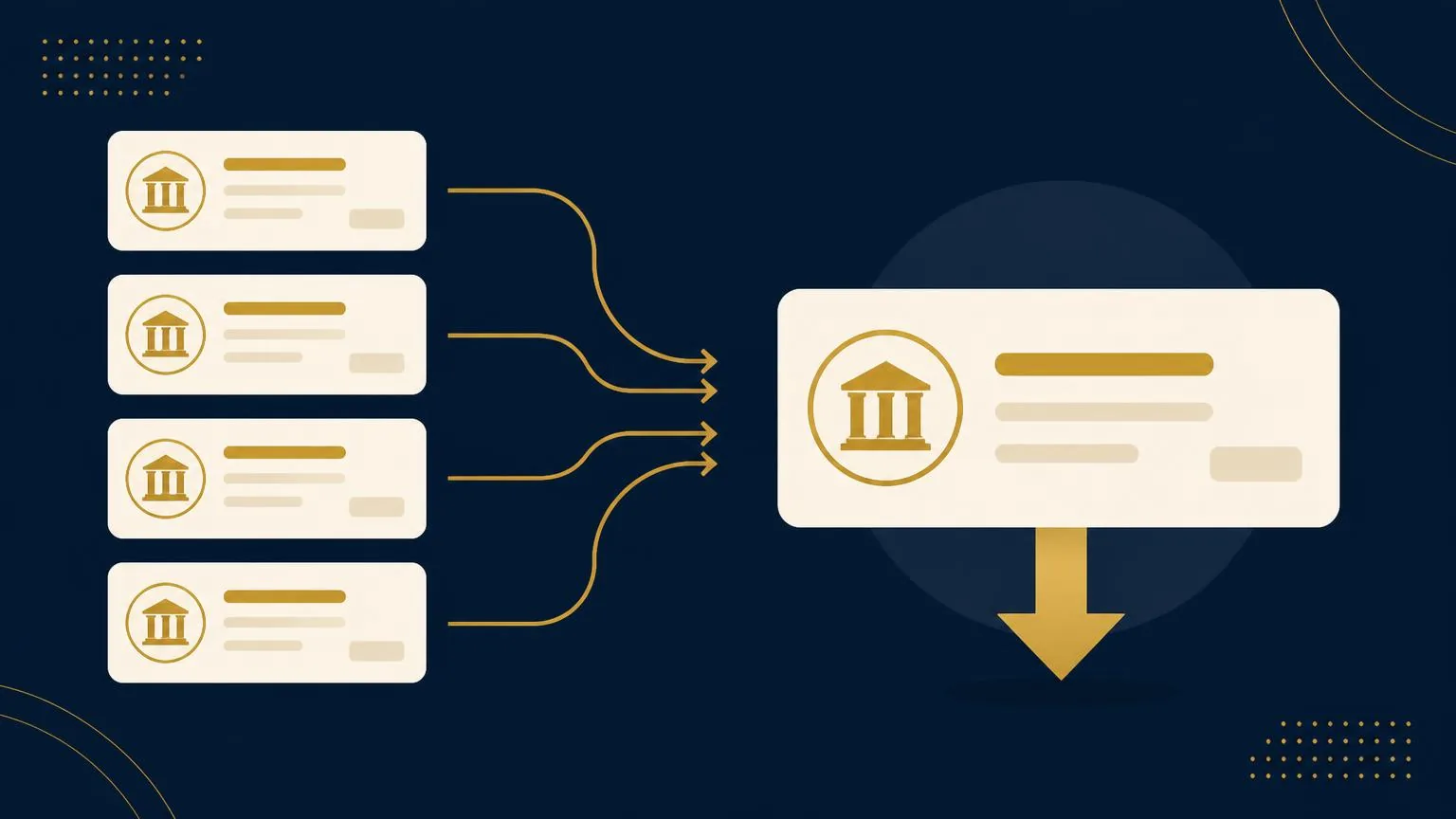 Diagramă în care mai multe carduri de credit se unesc într-un singur credit, cu o săgeată orientată în jos