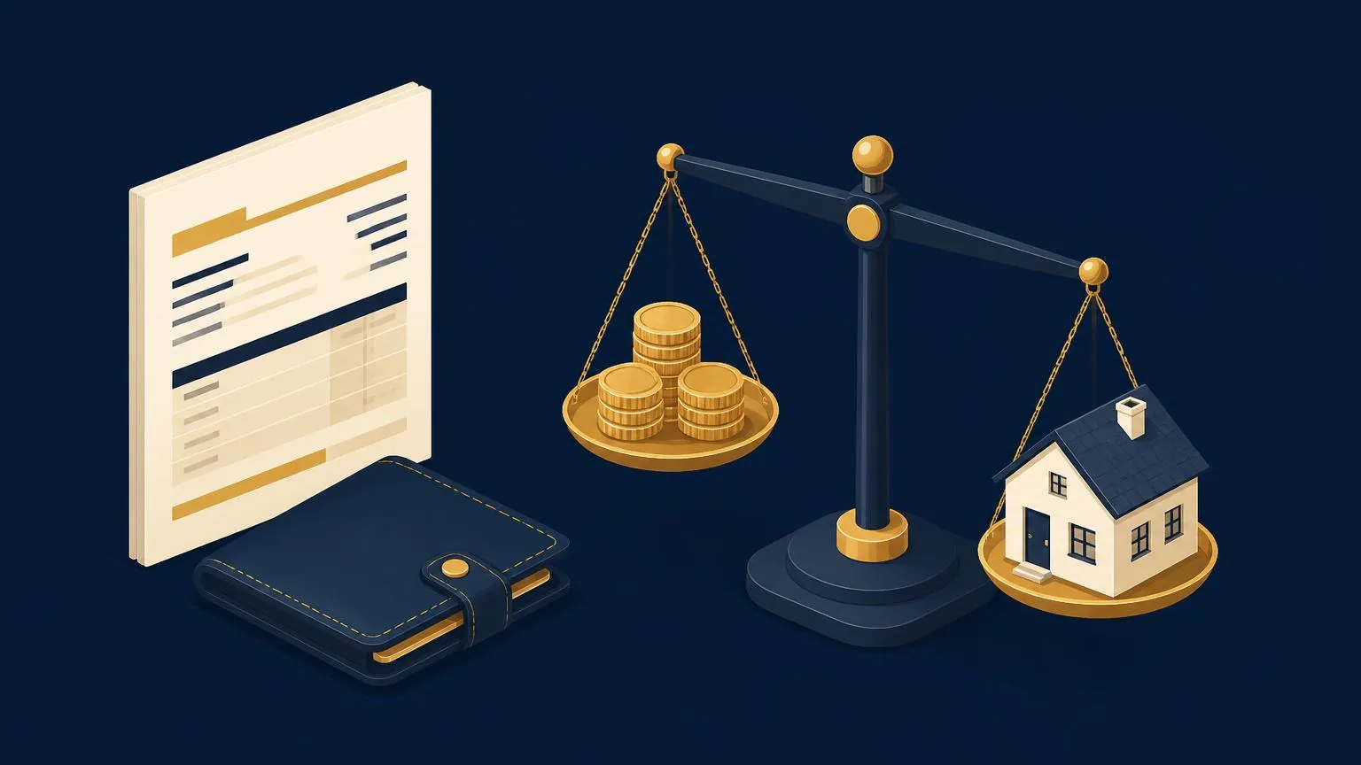 Ilustrație cu un fluturaș de salariu, un portofel și o balanță care cântărește monede față de o casă